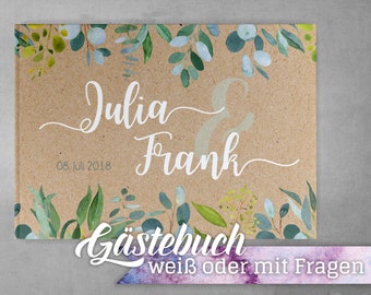 Gästebuch Hochzeit mit Fragen Eukalyptus Green Kraftpapier-Look Individuell personalisierbar Namen Datum