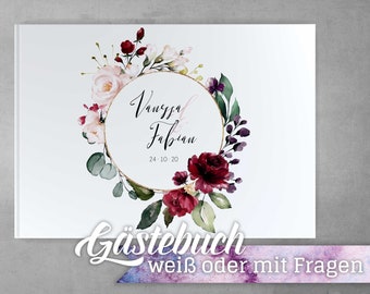 Gästebuch Hochzeit mit Fragen Weiß Violet & Red Individuell personalisierbar Namen Datum