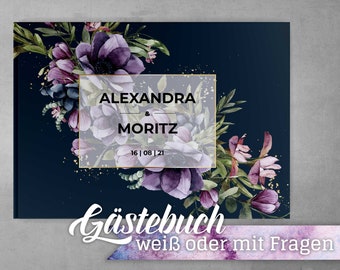 Gästebuch Hochzeit Lilly Anemone Dark, mit Fragen oder weißen Seiten, Individuell personalisierbar mit Namen Datum