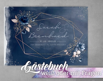 Gästebuch Hochzeit mit Fragen weiße Seiten Aquarell Blumen Gold Navy personalisierbar Dark Blue