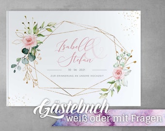 Gästebuch Hochzeit mit Fragen Weiß Nature Breeze Rose Individuell personalisierbar Namen Datum