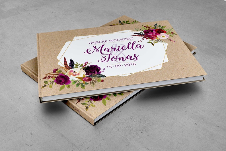 G\u00e4stebuch Hochzeit mit Fragen Kraftpapier Boho Marsala Individuell personalisiert wei\u00dfe Seiten Blumendeko Aquarell