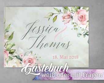 Gästebuch Hochzeit Greenery Rose mit Fragen Individuell personalisiert weiße Seiten Grün Rosa