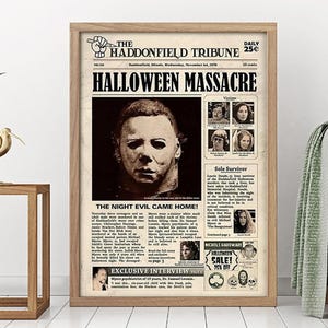 Halloween 1978 Horror Movie Vintage Newspaper Poster, The Haddonfield Tribune Michael Myers Scary Poster, Laurie Strode, Halloween Decor