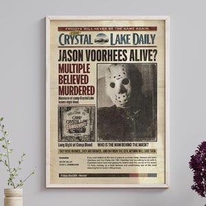 Friday the 13th Vintage Horror Movie Poster, Jason Voorhees Camp Crystal Lake Horror Poster, Minimalist Newspaper Poster Wall Decor Unframed