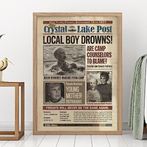 Friday the 13th 1980 Horror Film Poster, Jason Voorhees Poster, Friday the 13th Vintage Newspaper Poster Halloween Gift Decor Unframed