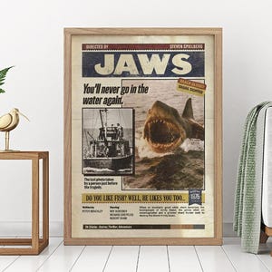 Jaws 1975 Thriller Movie Vintage Poster, Martin Brody Amity Island Shark Retro Classic Poster, Newspaper Style Poster Home Decor Unframed