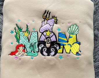Embroidered Custom Name Little Mermaid Disney Mama Daddy Baby Shirt, Disneyland Matching Family Trip Mother’s Day Father’s Day Clothing