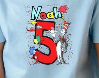 Camisetas personalizadas de cumpleaños del Dr. Seus, gato con sombrero, libro vintage del Dr. Seus, para niños, adultos y bebés.