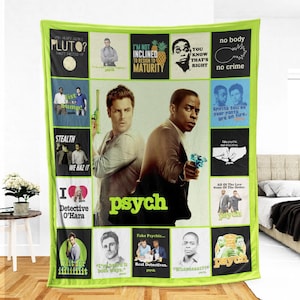 May include: A lime green fleece blanket featuring a collage of images and text from the TV show "Psych." The central image shows two men, with the show's title in green. Surrounding images include quotes and character portraits.