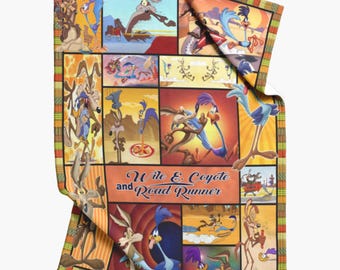 Coyote and Movie Road Runner Cartoon Fleece Blanket, Coyote and Bird Funny Vintage Blanket, Baby Shower Gift, Christmas Gift, Birthday Gift
