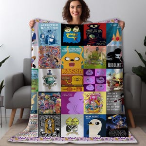 May include: A colorful fleece blanket featuring a collage of characters and scenes from the animated television series Adventure Time. The blanket is made of soft, comfortable fleece and is perfect for snuggling up on the couch.