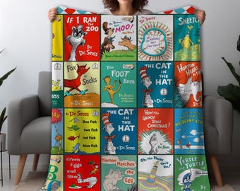 Dr. Se-uss Fleece Blanket, Cat In Hat Vintage Blanket, Dr. Se-uss Retro Comic Books Cute Blanket, Birthday, Christmas Gifts For Book Lovers