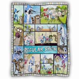 May include: A Regular Show themed blanket featuring a collage of cartoon scenes with characters like Mordecai and Rigby. The blanket has a patchwork design with a variety of colorful panels and the words "Regular Show".