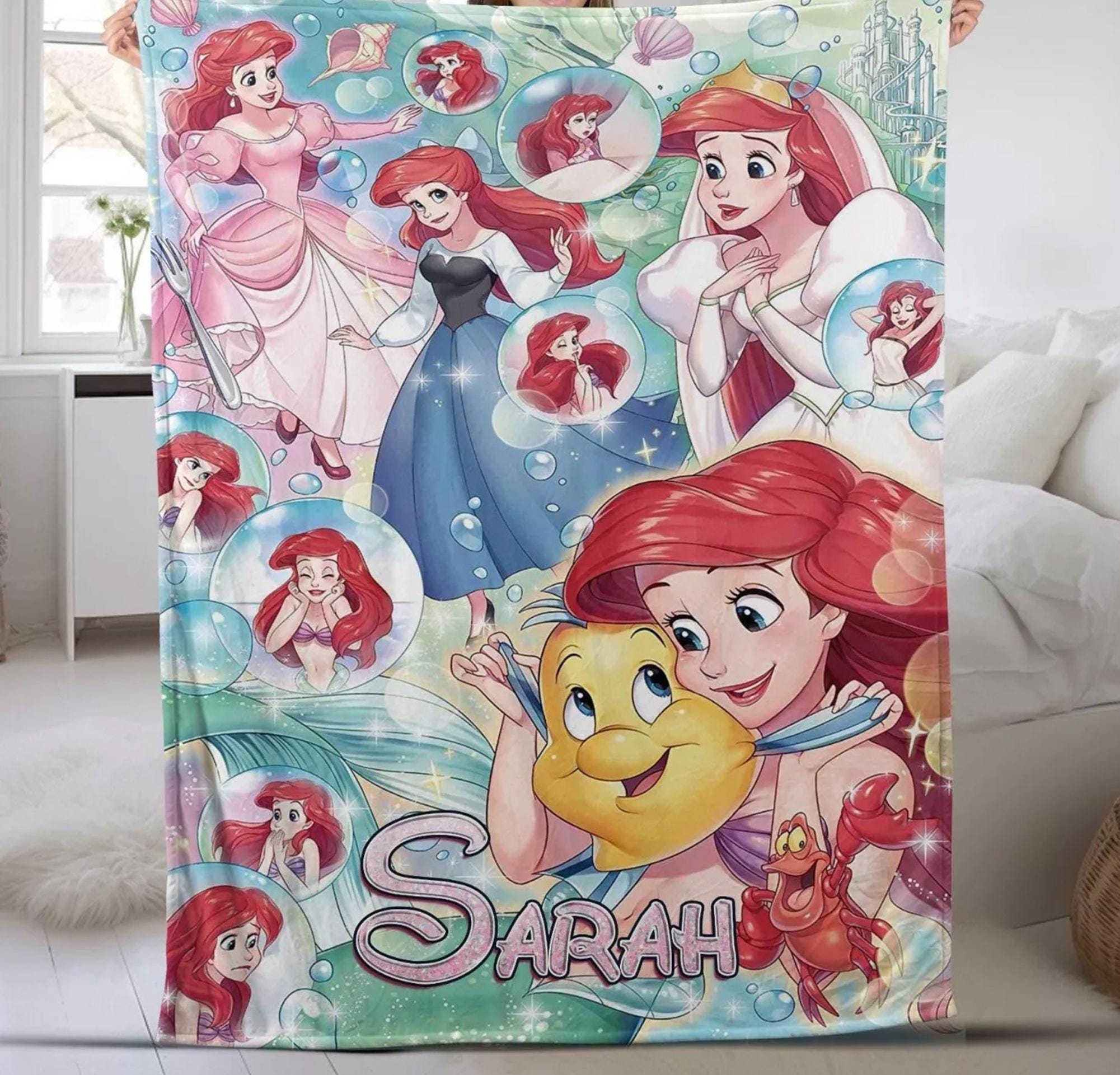 Personalized Little-Mermaid Disneyland Princess Fleece Blanket, Custom Name Baby Sea Blanket, Baby Shower Gifts, Princess Birthday Gift