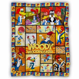 May include: A colorful blanket featuring a patchwork design with various images of Woody Woodpecker. The blanket has a yellow border with a repeating pattern of Woody Woodpecker's head. The central images showcase Woody in different poses.