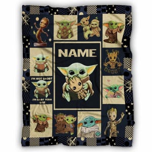 May include: A navy blue and tan patchwork blanket featuring various images of Baby Yoda and Groot. The blanket has a black border with white stars and geometric patterns. The word "NAME" is printed in white.