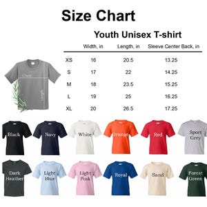 May include: A size chart for youth unisex t-shirts, with measurements in inches for width, length, and sleeve center back. The chart includes sizes XS to XL, and displays various t-shirt colors, including black, navy, white, and red.