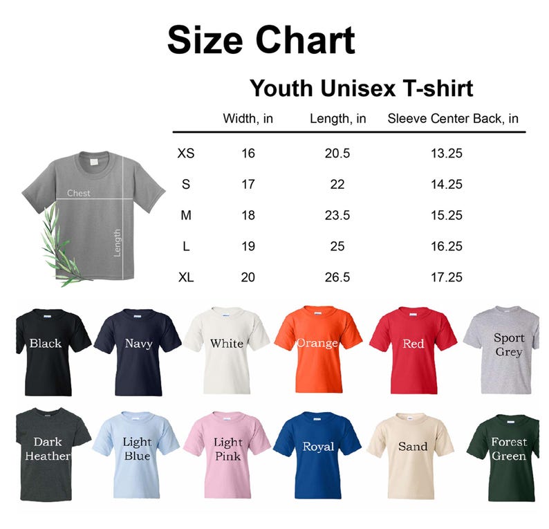 May include: A size chart for youth unisex t-shirts, with measurements in inches for width, length, and sleeve center back. The chart includes sizes XS to XL, and displays various t-shirt colors, including black, navy, white, and red.