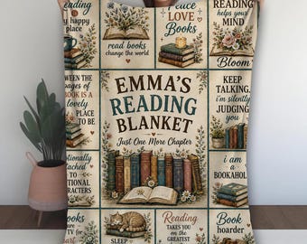 Customized Book Lovers Fleece Blanket, Wildflowers Bookish Bookshelf Blanket, Personalized Reading Blanket Gift For Readers Book Lover