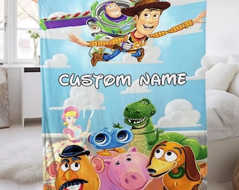 Personalized Disneyland Toy-Story Fleece Blanket, Custom Name Woody Buzz Toy-Story Animated Blanket, Toy Disney Blanket for Bed, Sofa, Couch
