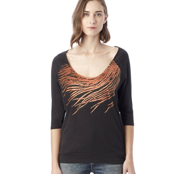 SALE - X LARGE Womens Graphic Tee - Raglan 3/4 Sleeve T shirt Top - Long Sleeved - Shimmer Metallic SILVER Feather Print