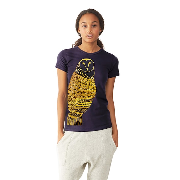 SMALL - Owl Graphic Tee - T shirt for Women -  Gold Owl - Feather Bird Shirt Print - Woodland Animal Birds