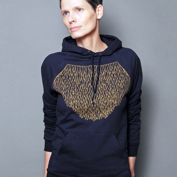 VERKOOP - Unisex XS - Womens Hoodie, geometrische gouden Lace, grafische Hoodie, marineblauw Pullover Sweatshirt