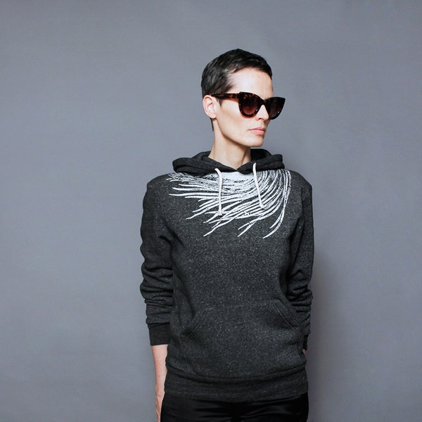 Cozy Fashion Pullover Hoodie for Women with Silver Feather Print - Long Sleeved Sweatshirt