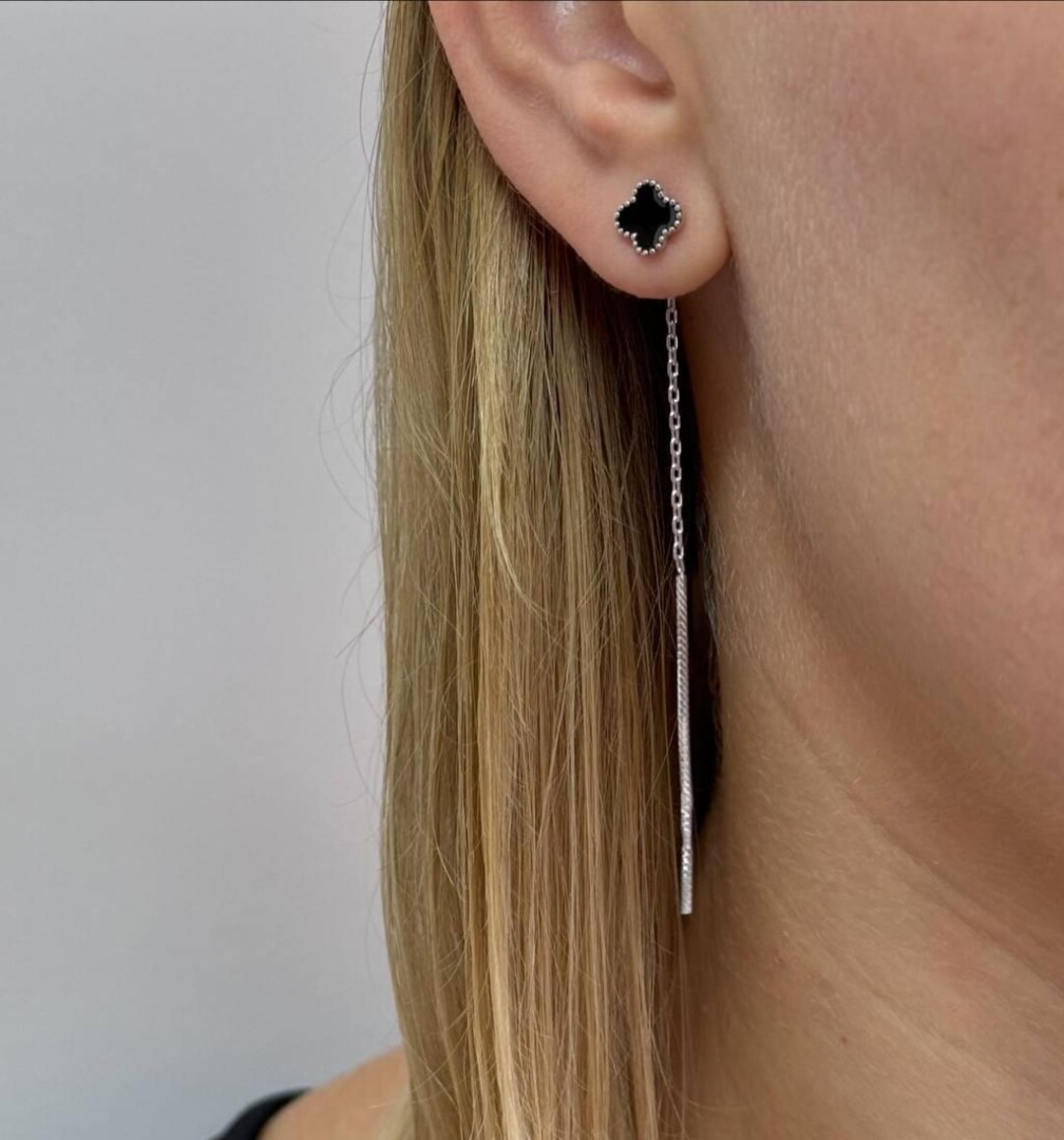 CLOVER 3 MOTIFS CHALCEDONY DARK MOP SILVER EARRINGS