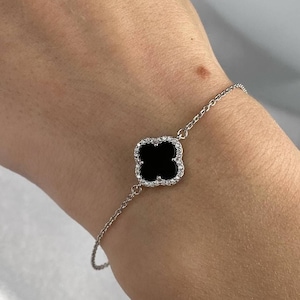 925 Silver Chain Bracelet Four Leaf Black Clover Bracelet Black Onyx Clover Jewelry Black Clover Pendant Bridesmaid Gift Clover Necklace