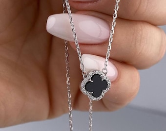 925er Silber Kleeblatt Anhänger Schwarzer Onyx Anhänger Silberblatt Anhänger Glücksblatt Anhänger Einzigartiges Geschenk für Sie Schwarzklee Schmuck Halskette