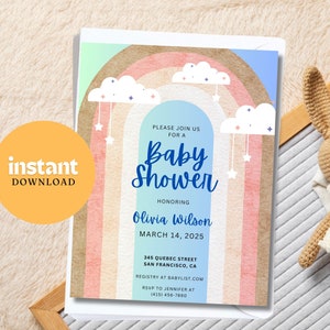 DESCARGA DIGITAL PERSONALIZADA / Tarjeta de baby shower / Invitación de baby shower imprimible / Imprimir en casa / Invitación digital para baby shower / Baby shower arcoíris