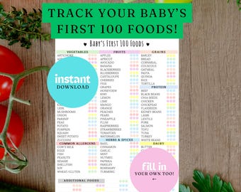 DESCARGA DIGITAL INSTANTÁNEA / Rastreador de alimentos para bebés imprimible / Lista de los primeros 100 alimentos / Planificador de comidas / Registro diario / Colores pastel del arcoíris