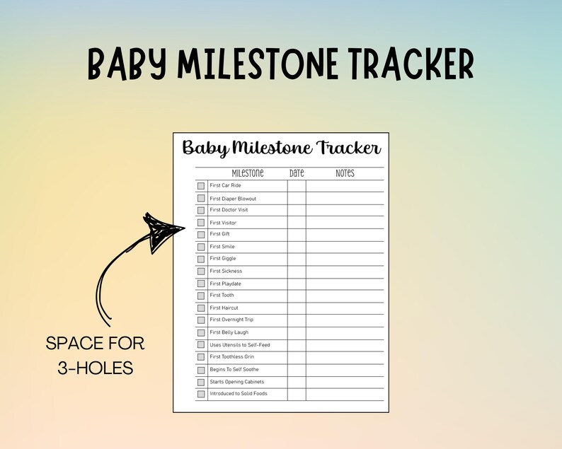 Puede incluir: Un rastreador de hitos para beb&eacute;s imprimible con una lista de verificaci&oacute;n de hitos, que incluye el primer viaje en autom&oacute;vil, el primer cambio de pa&ntilde;al, la primera visita al m&eacute;dico, la primera sonrisa, la primera risa, el primer diente, el primer corte de pelo, el primer viaje nocturno, la primera carcajada, aprende a alimentarse solo, la primera sonrisa sin dientes, comienza a calmarse solo, comienza a abrir los armarios, se introduce a los alimentos s&oacute;lidos, y espacio para notas y fechas.