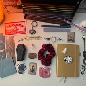 May include: A collection of gothic-themed items, including a black coffin, stickers, a gold journal, a red scrunchie, and a ghost-shaped pen. Other items include a feather, a small bottle, and a fortune teller card.