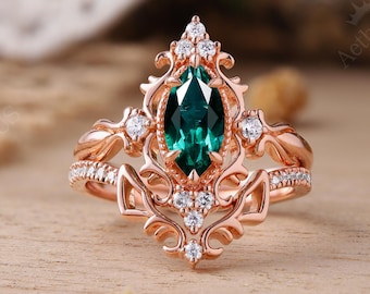 Vintage Marquise Emerald Bridal Set: Rose Gold Moissanite Wedding Ring Set,Matching Engagement Rings