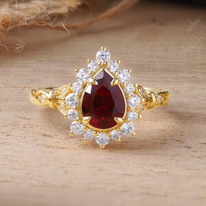 Vintage Pear Shape Ruby Engagement Ring, Nature Inspired Leaf 14K Yellow Gold Moissanite Halo Anniversary Gift