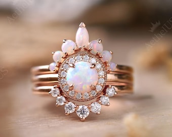 Vintage Round Opal Bridal Ring Set: Art Deco Rose Gold Moissanite Halo Engagement Ring