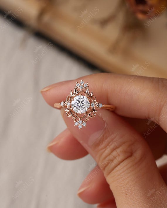 Vintage Rose Gold Moissanite Engagement Ring, Vintage Palace Diamond Halo Ring, Unique Romantic Anniversary Gift for Her