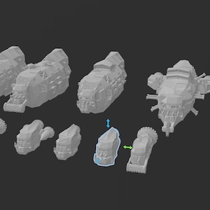 以下が含まれることがあります： さまざまなサイズの8つのグレーの3Dプリント宇宙船モデルのコレクション。モデルは、複雑なデザインとテクスチャで詳細に描かれています。