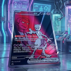 May include: A Team Rocket's Mewtwo ex trading card with 280 HP, featuring a red and black design. The card displays the Power Saver ability and Erasure Ball attack, with illustrations of a human character and Mewtwo. The text includes game rules.