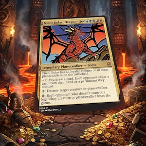 May include: A Nicol Bolas, Dragon-God trading card featuring a stained-glass style illustration of a red dragon. The card text details loyalty abilities, including drawing cards, exiling permanents, destroying creatures, and winning the game.