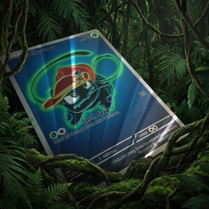 May include: A rectangular trading card featuring a blue-toned illustration of a creature wearing a red cap. The card displays the text Bulbasaur, Leech Seed, and Heal 20 damage from this Pokémon, with a green glowing outline around the central character.
