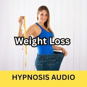 May include: A woman in a blue tank top and jeans holds a yellow measuring tape. The jeans appear loose. The words "Weight Loss" are displayed in large black letters. Below, the text reads "HYPNOSIS AUDIO".