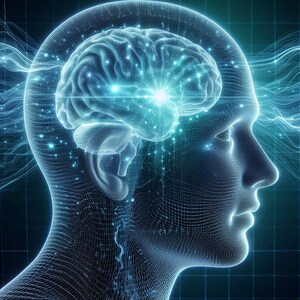 May include: A digital wireframe profile of a human head in shades of blue and cyan, featuring a glowing, detailed brain at the centre. Radiating light pulses and abstract energy waves emanate from the brain against a dark, grid-patterned background.
