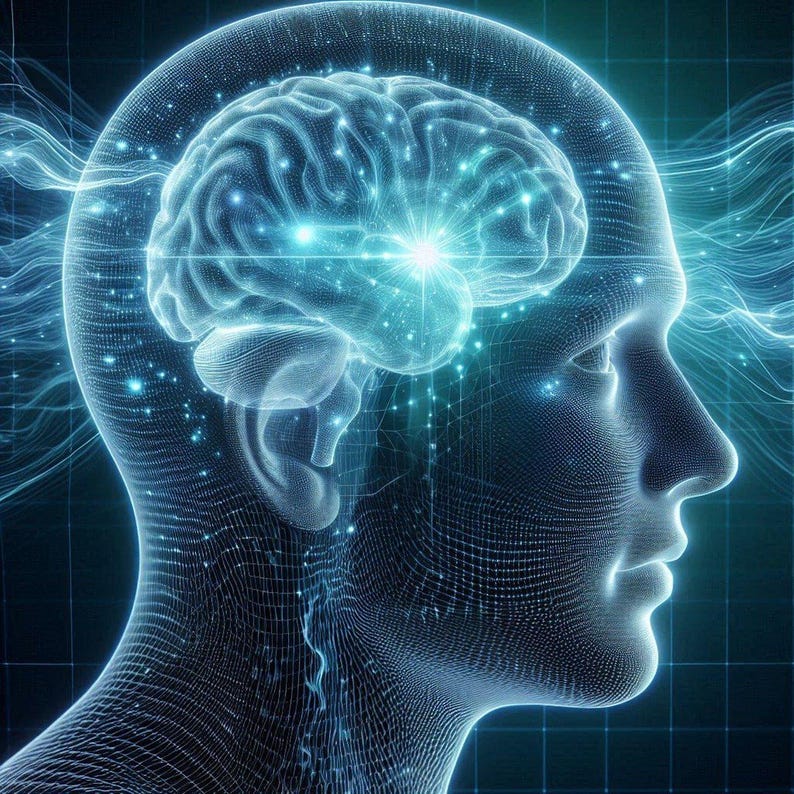 May include: A digital wireframe profile of a human head in shades of blue and cyan, featuring a glowing, detailed brain at the centre. Radiating light pulses and abstract energy waves emanate from the brain against a dark, grid-patterned background.