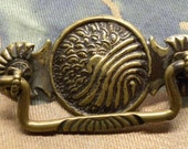One (1) Very Ornate Antique Japanese Brass Repousse DRAWER Cabinet PULL Hardware Japanese Asian Meiji Water Sun Clouds Motif