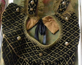 Hi Fashion  PEPLUM  Tie On Over  Skirt & EPAULETS  Scalamandre Black Gold Epingle Velvet 19th C Gold Metallic Trim Ribbon Tie