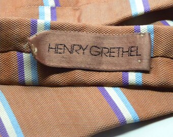 1980s Skinny Hipster Tie HENRY GRETHEL Silk Linen Stripe Square End French Designer Pastel Violet Purple Beige Sky Blue